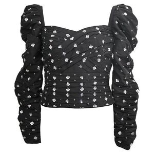 Self-Portrait Sequin-Embellished Puff-Sleeve Ruched Top in Black Polyester